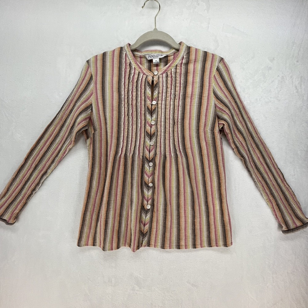Pendleton‎ Linen Blend Button Down Long Sleeve Women's Sz Petite Medium Striped